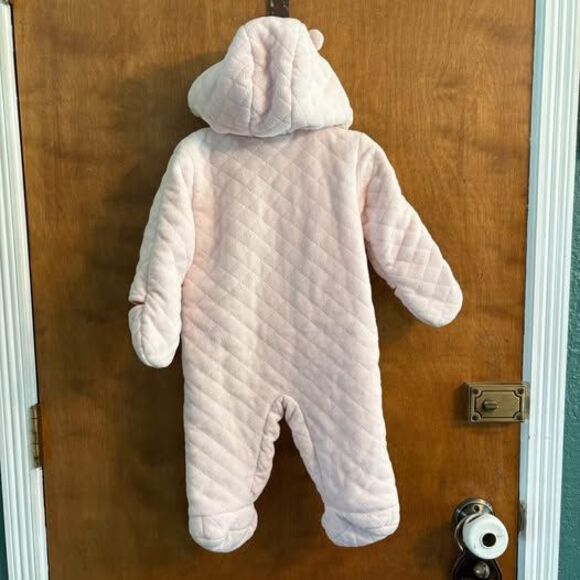 Baby Bunting Hooded Pink Bear Double Zip Footies Quilted Mitts 6-9 mo Ears Cozy - Picture 5 of 7